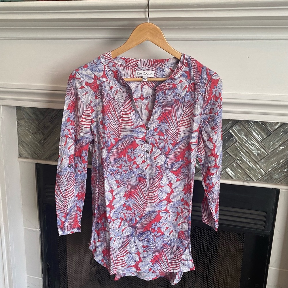 NWOT Tropical KIM ROGERS Roll Tab POPOVER Palm FLORAL BLOUSE Shirt TUNIC Top S